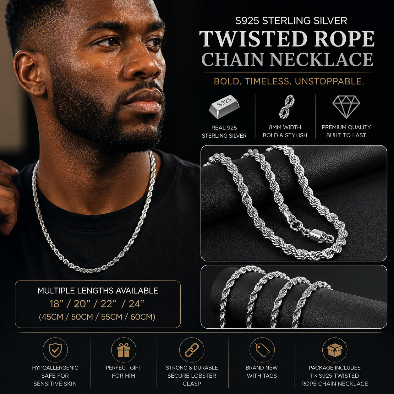 S925 Sterling Silver 8mm Twisted Rope Chain Necklace Mens Fashion Gift