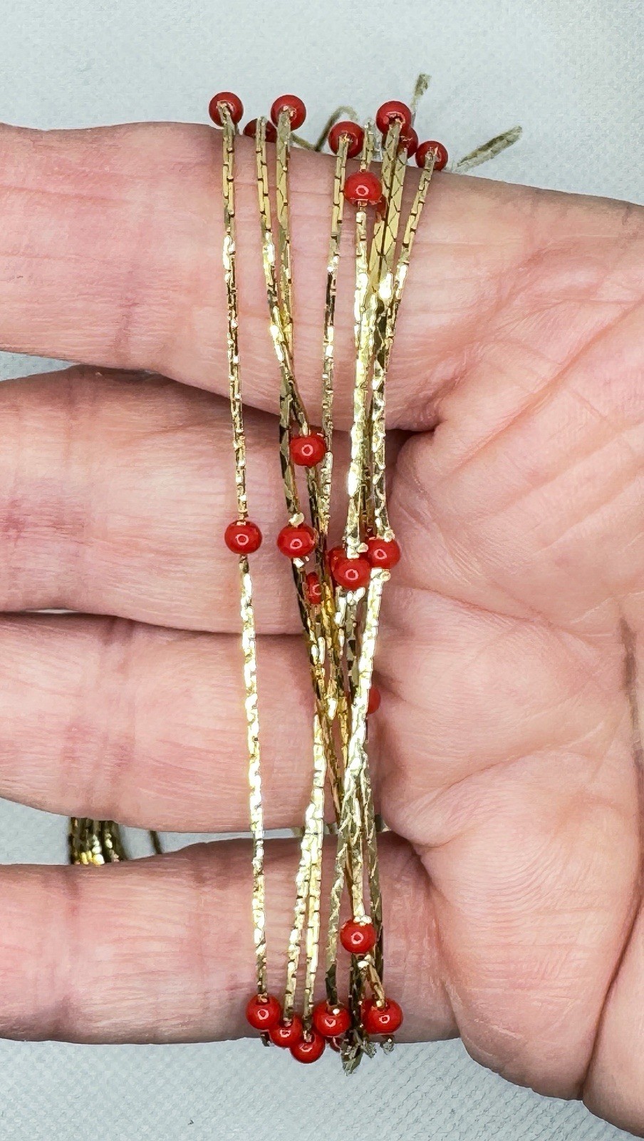 Bold 7 Strand Gold Tone Necklace w Tiny Red Beads. Liquid Gold Style Retro