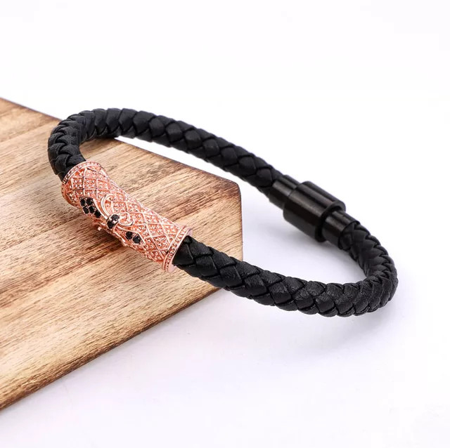 Genuine Leather Stainless Steel Gold/Silver/Black Plated Bracelet & Cubic Zircon