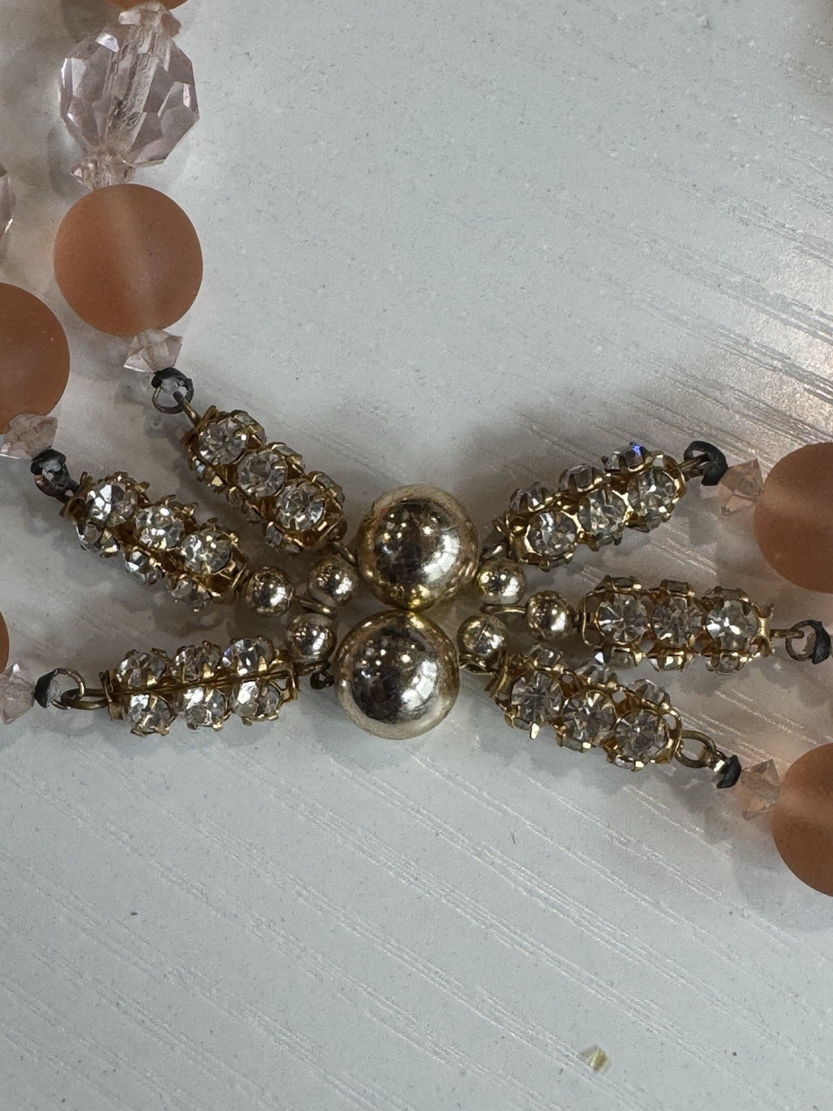 Pink- peach Crystal Necklace & Clip-On Earrings Set w/ Rhinestone Accents