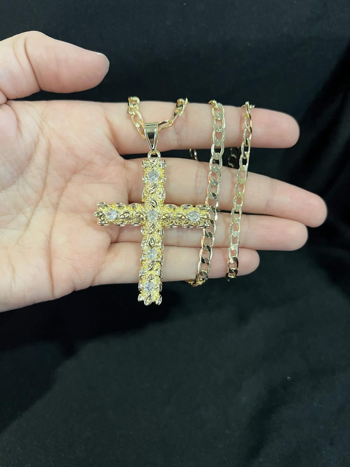 Gold PLATE Men Women CZ Nugget Design Cross Big Pendant Medal & Curb Link Chain