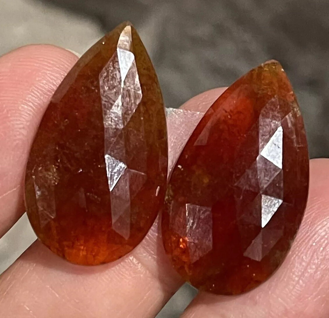 37.5ct 28x16x4.5mm Pair Fine Rose Cut Flat Back Hessonite Garnet Drop Cabochons