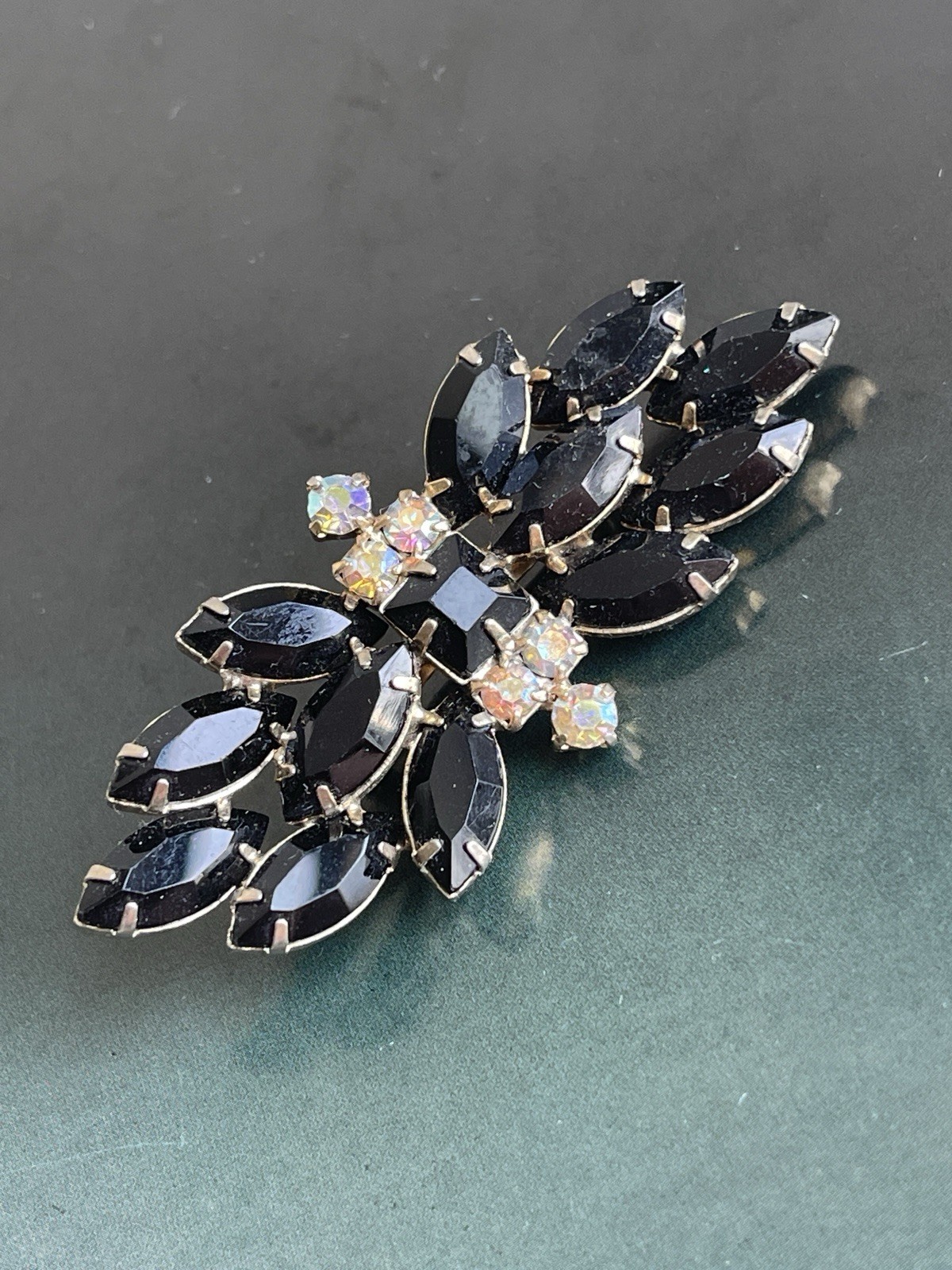 Vintage Juliana slyle black navette rhinestone brooch AB unmarked