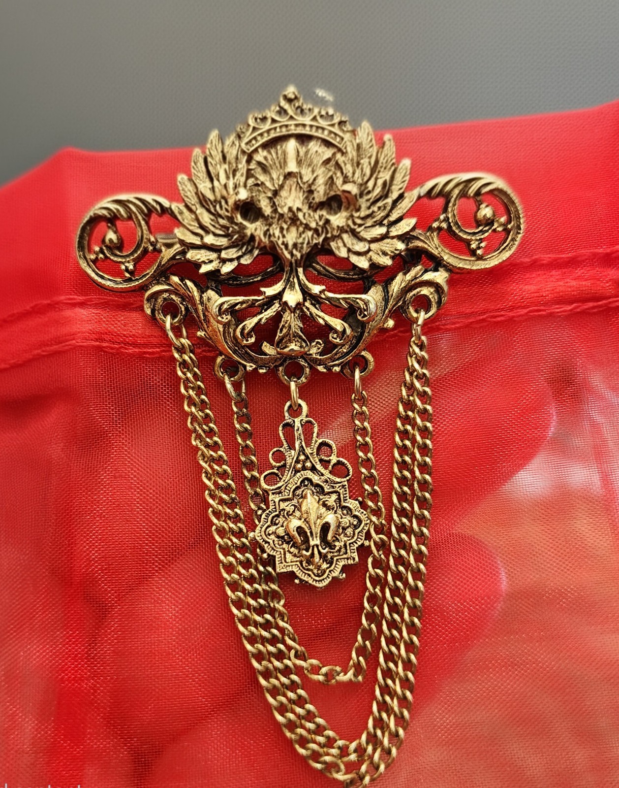 VTG Arthur Pepper ART Chatelaine Brooch Pin Chain Eagle Wings Crown Fleur Di Lis