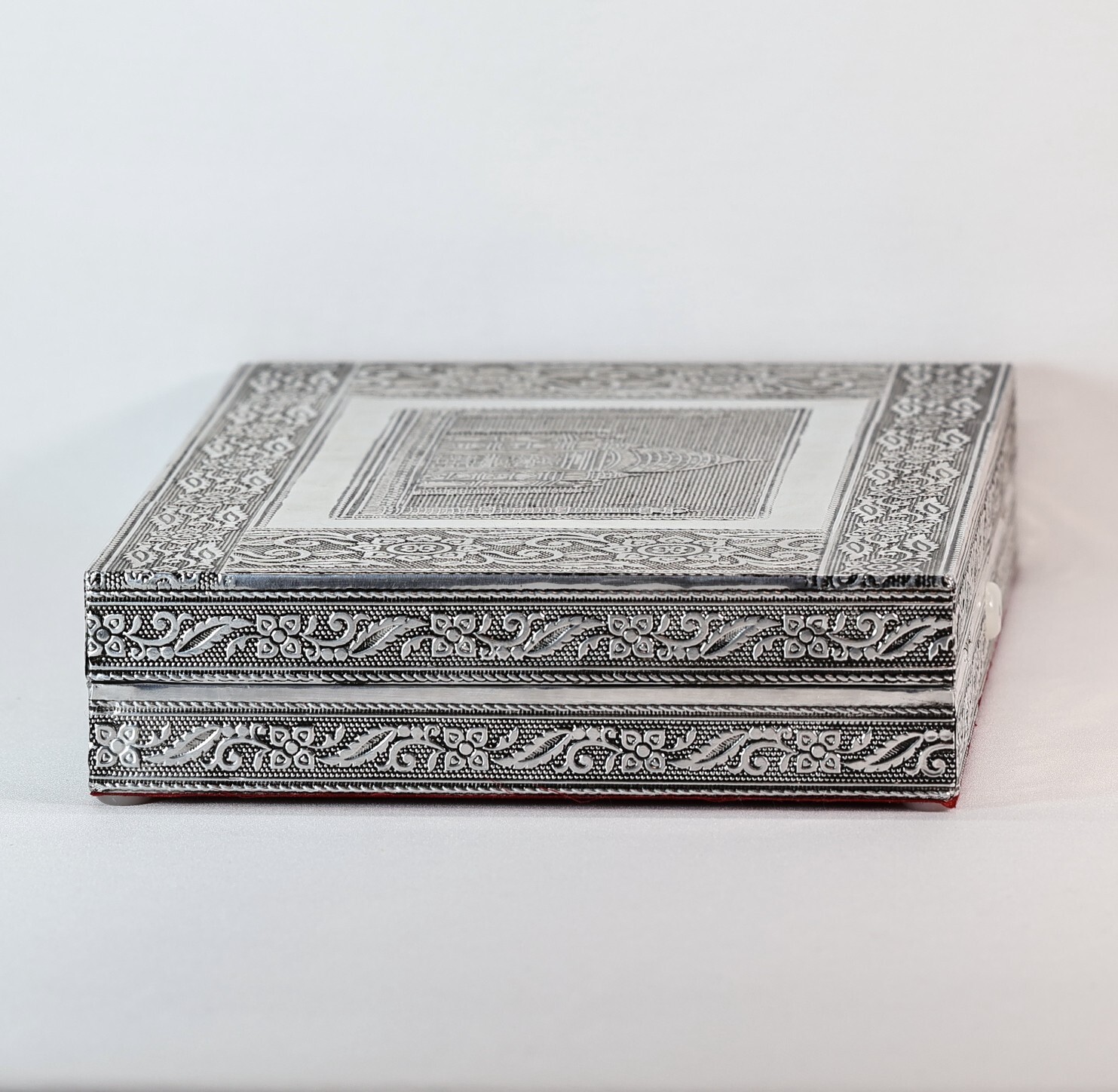 Vintage Silver Tone Taj Mahal Ring Jewelry Box Red Velvet Lined Mirror Large