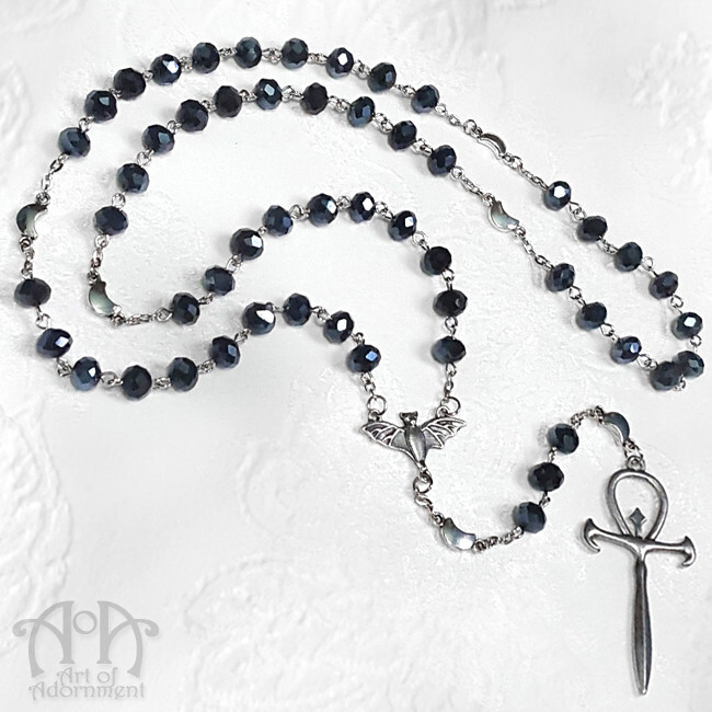 Gothic Long ANKH BAT ROSARY NECKLACE Blue-Black Crystal Silver Cross Moon Beaded