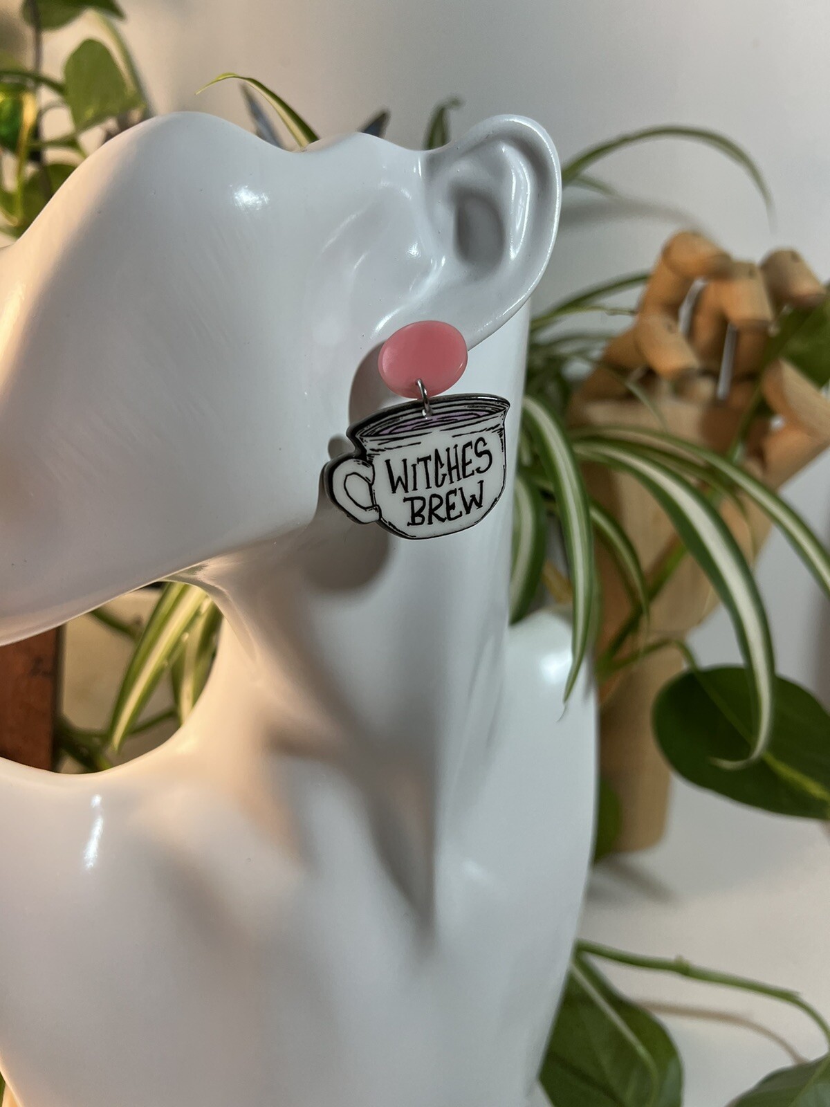 Pink & White Witches Brew Dangle Earrings- Cute Emo Witchy Earrings