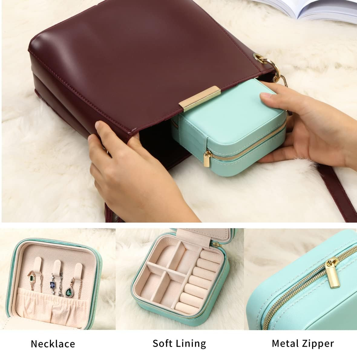 Small Travel Jewelry Case with Mirror, Portable Organizer Box, Blue