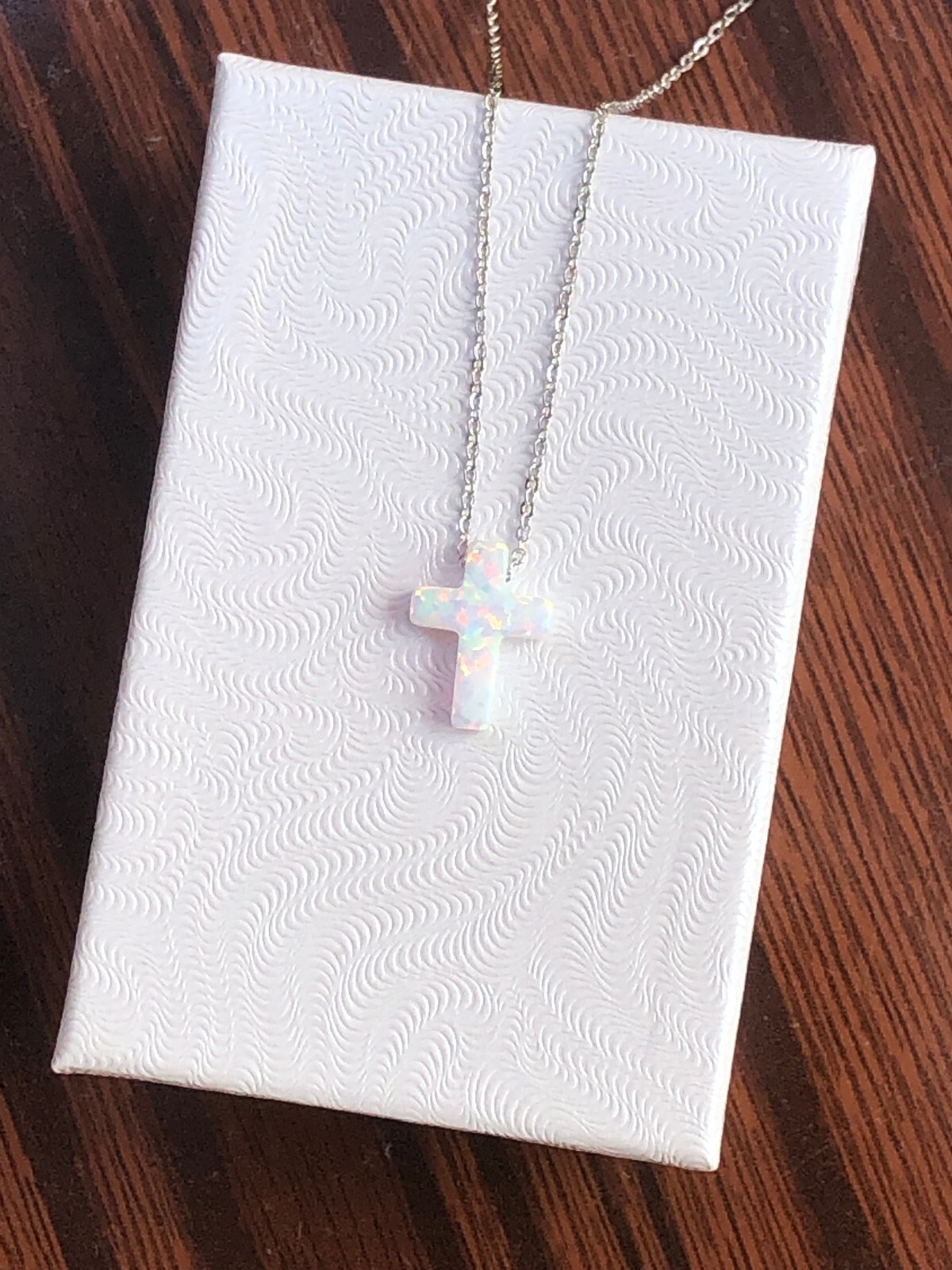 White Opal Cross Necklace 925 Sterling Silver Womens Girls 12mm 17.75″ Simulated