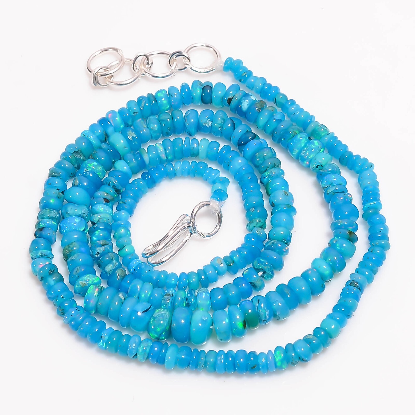 Natural Neon Blue Ethiopian Opal Rondelle Smooth Beads 2X2 5X3mm Necklace 17-18″