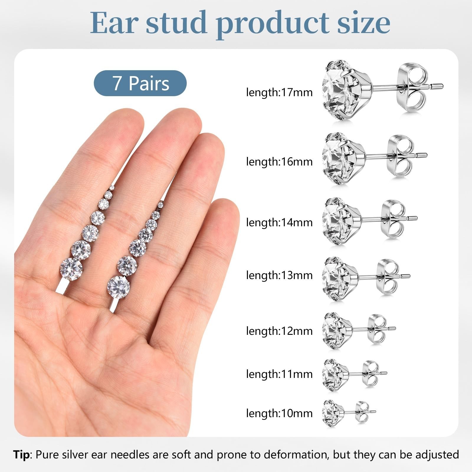 7 Pairs Stainless Steel CZ Stud Earrings Set | 20G posts, 2-8mm CZ studs, 7-p…