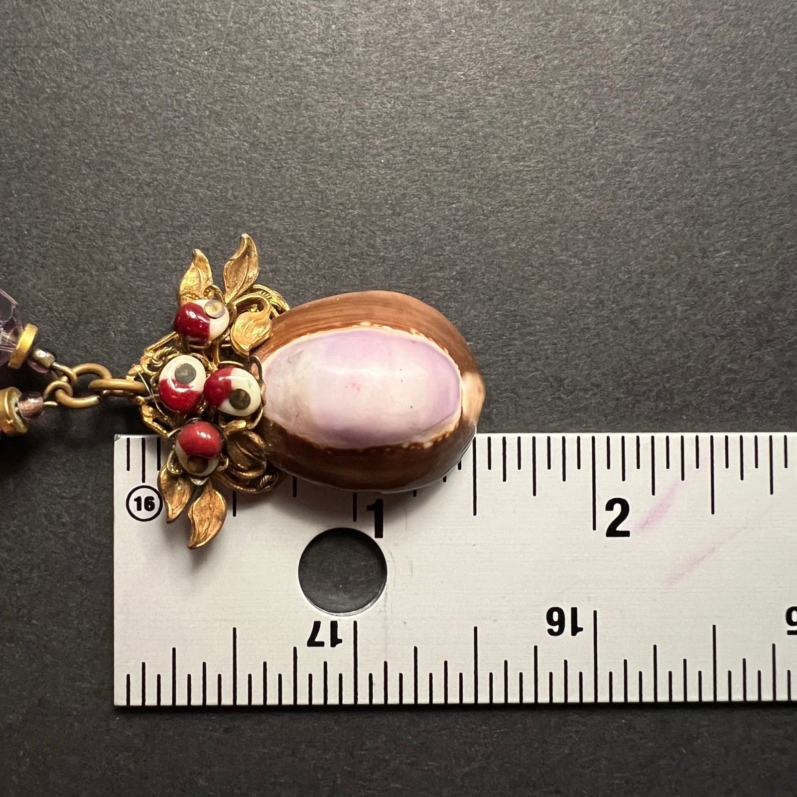 Vintage Cowrie Shell Necklace Purple AB Crystal Gold Tone Fairy Coastal Ethereal