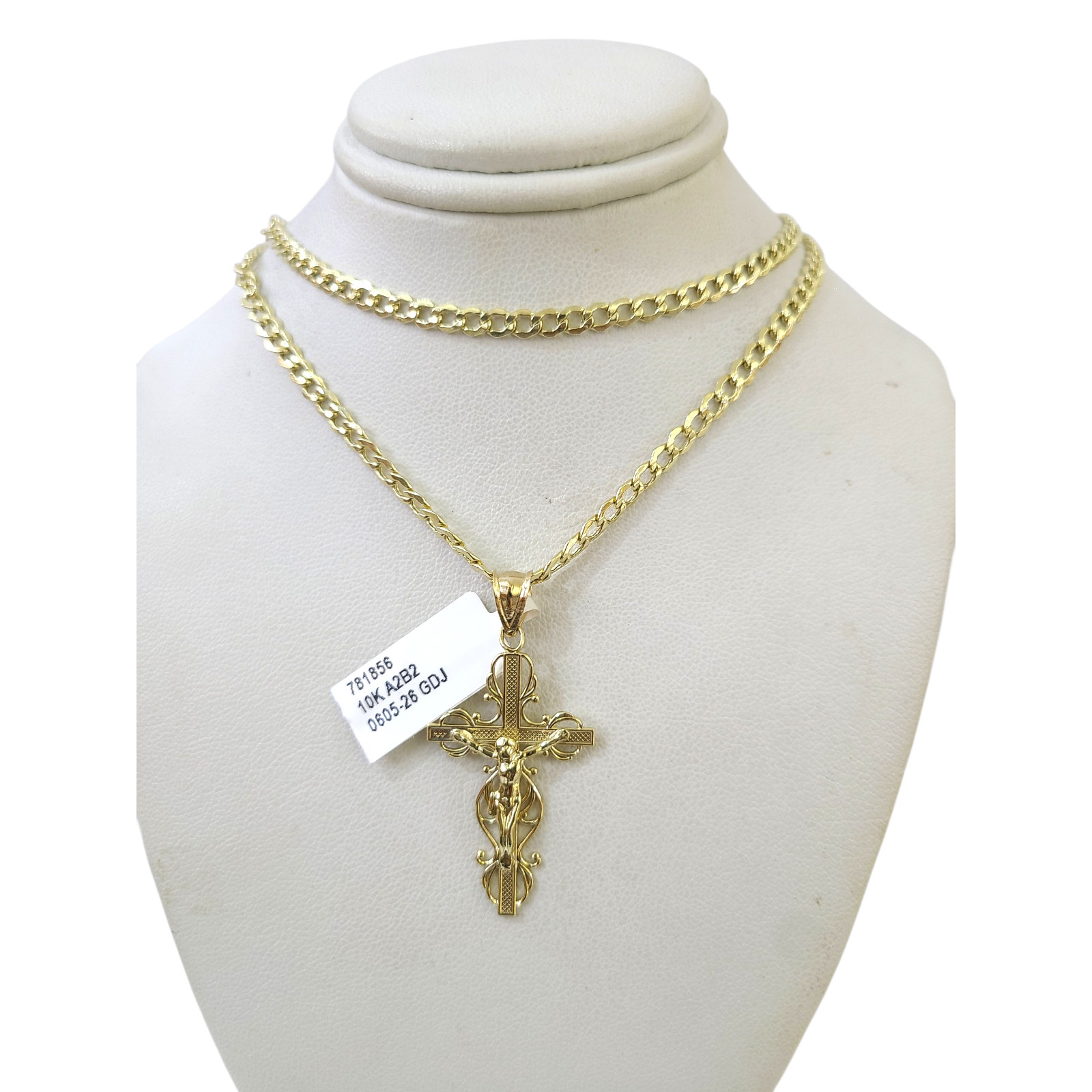 10K Gold Cuban Curb Link Chain Necklace Filigree Cross Pendant Set 3mm 18″–24″