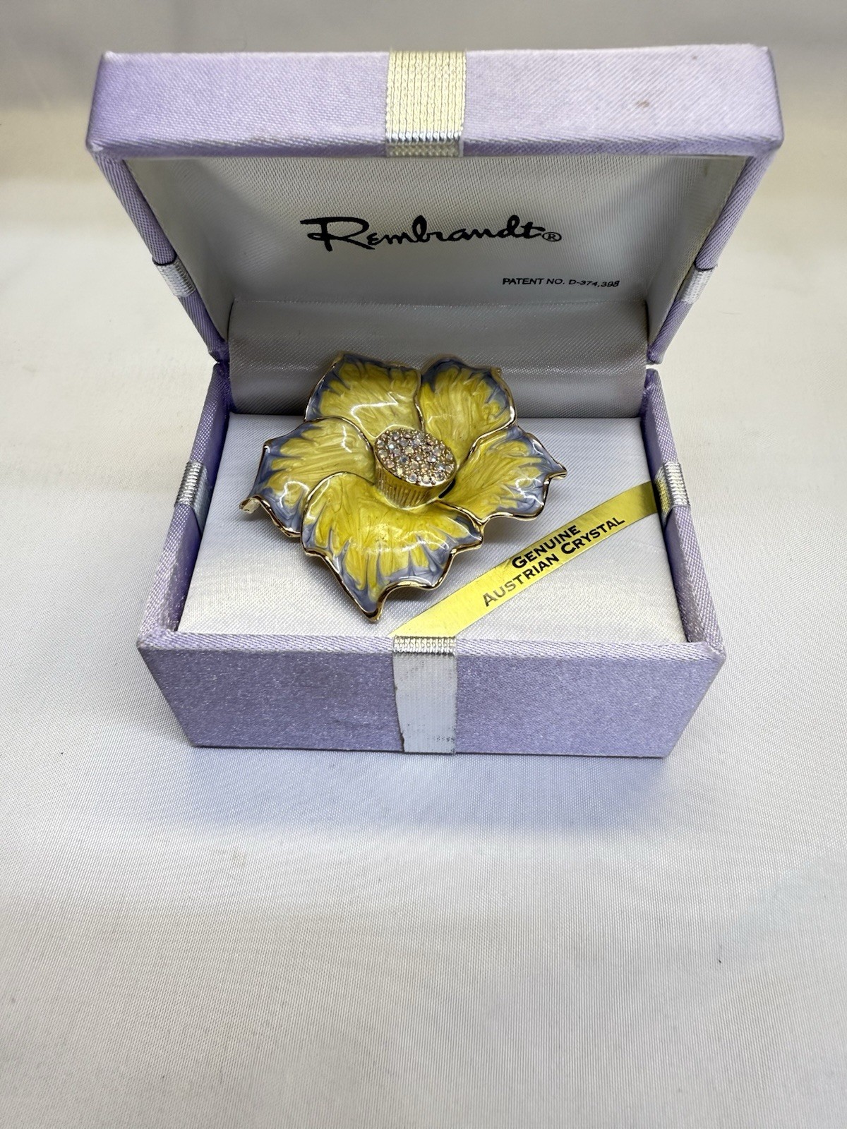 VTG Brooch Yellow & Blue Magnolia Flower Austrian Crystal Center Rembrandt