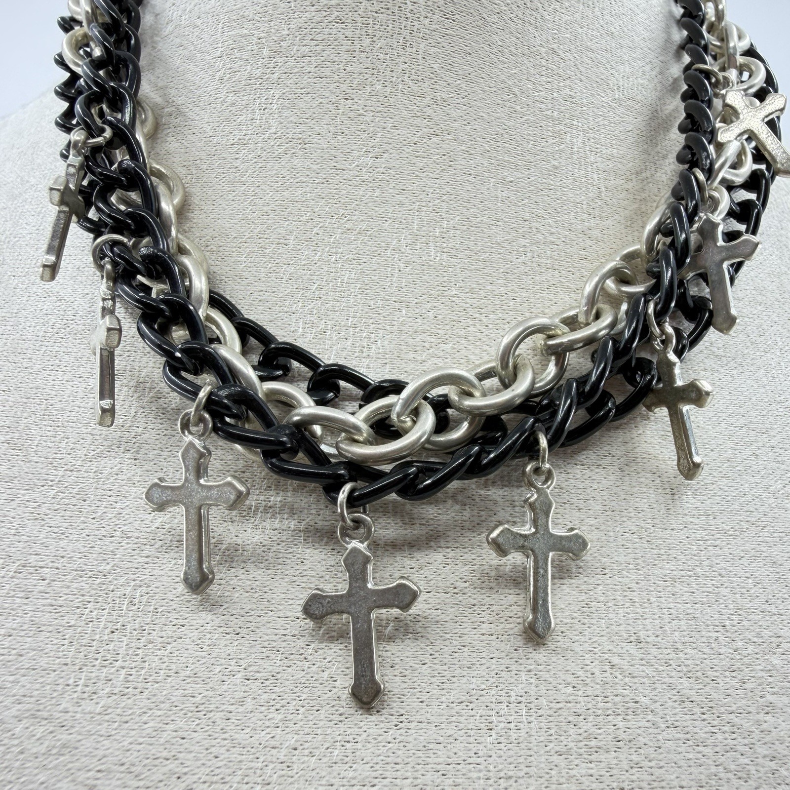 Layered Chainmail Cross Goth Choker Necklace Y2K 15” Black Silver Tone