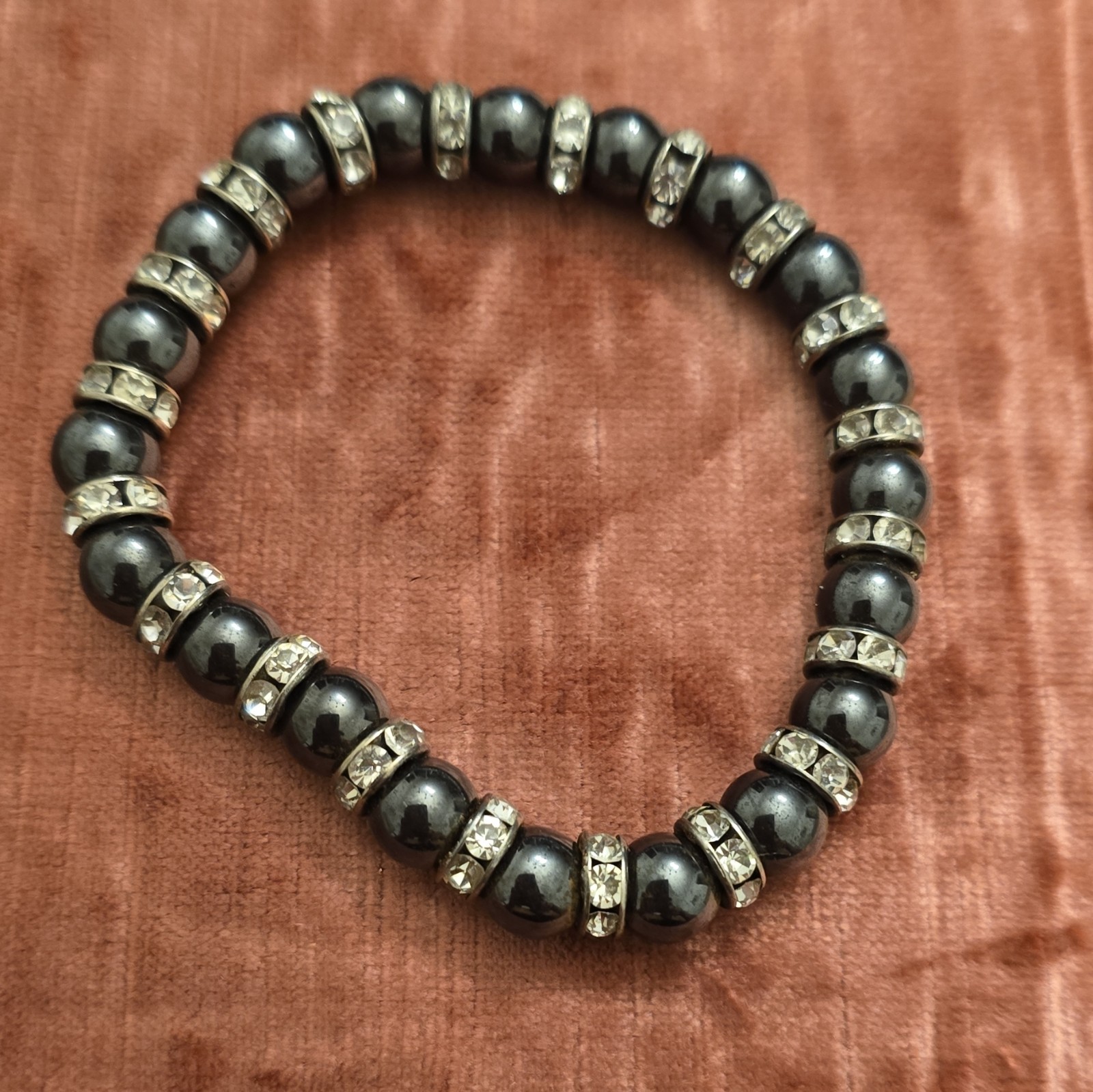 Black/Silver Beaded Stretch Bracelet, Rhinestone Spacer Rings, No Clasp