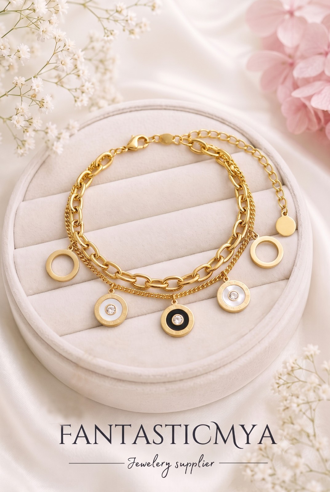 Stainless Steel 18K Gold Plated Roman Numerals Layered Charm Bracelet Jewelry