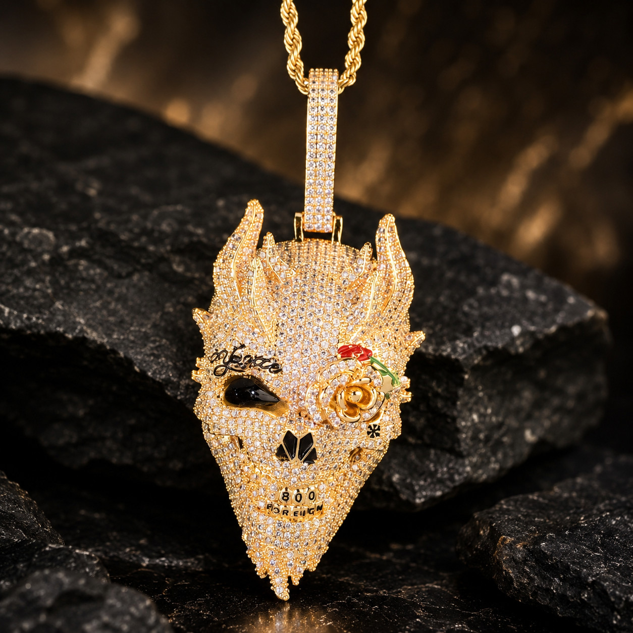 5AAA+ CZ Iced Out Hip Hop Rose Eye Skull Head Pendant Necklace 14k Gold Plated