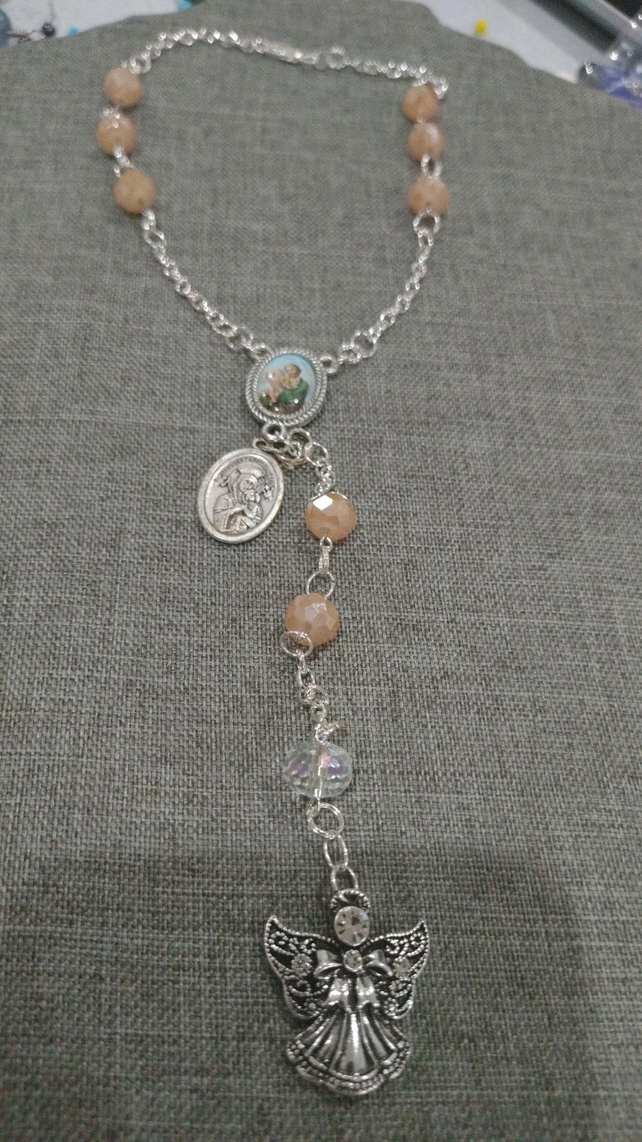 Necklace Chain Chipped Silver Chain Brown Beads Charms