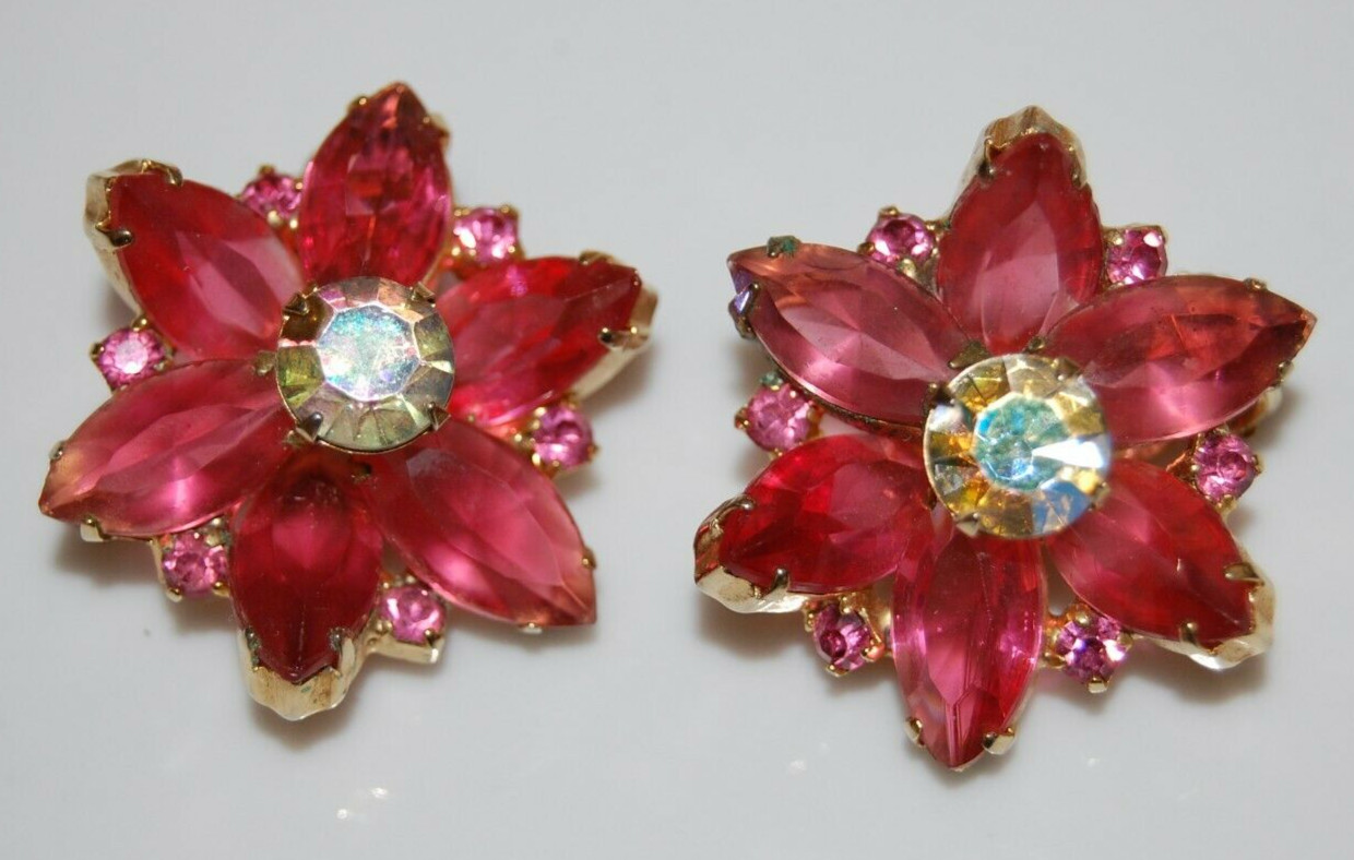 ELEGANT VTG JULIANA COUTURE PINK MARQUIS CRYSTALS OPEN BACK GOLDEN CLIP EARRINGS