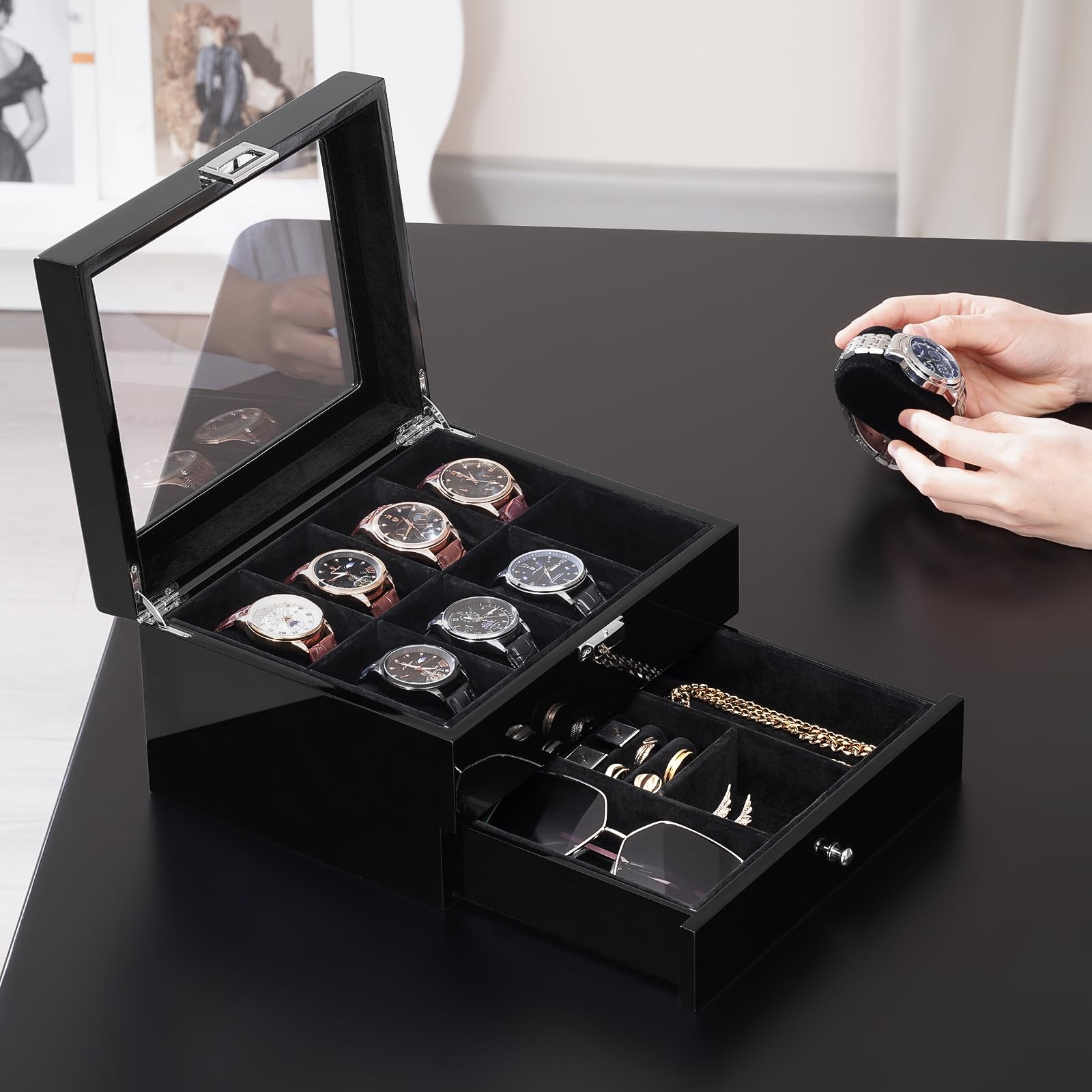 ProCase Wooden Watch Case, 8 Slot Mens Watch Box with Drawer, 2-Layer Mens Jewel
