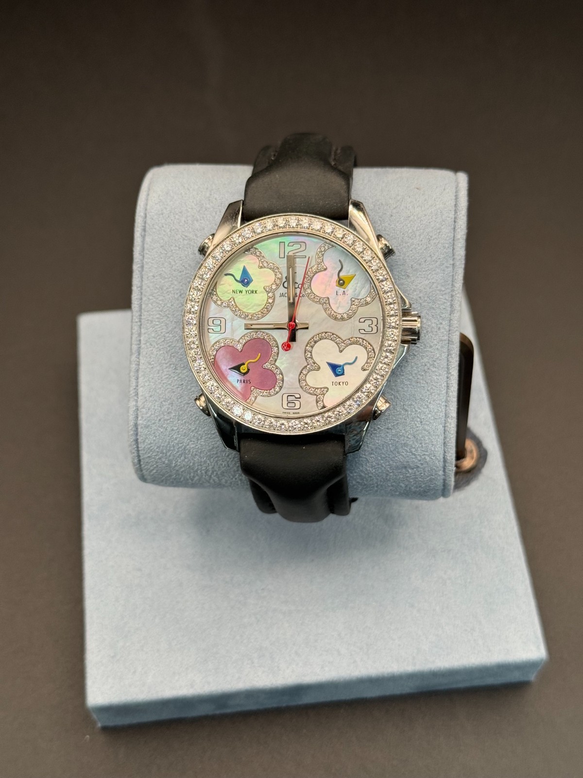 Jacob & Co five time zone watch mother pearl dial with four vibrant flower shape