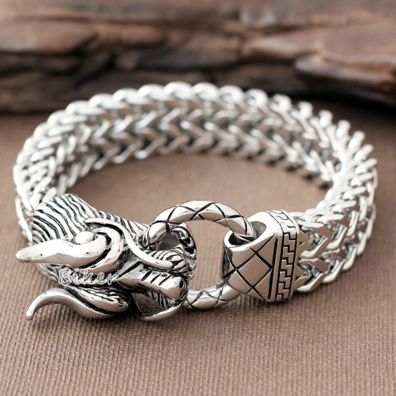 Men Heavy Dragon Head Silver Stainless Steel Franco Cuban Curb Chain Bracelet