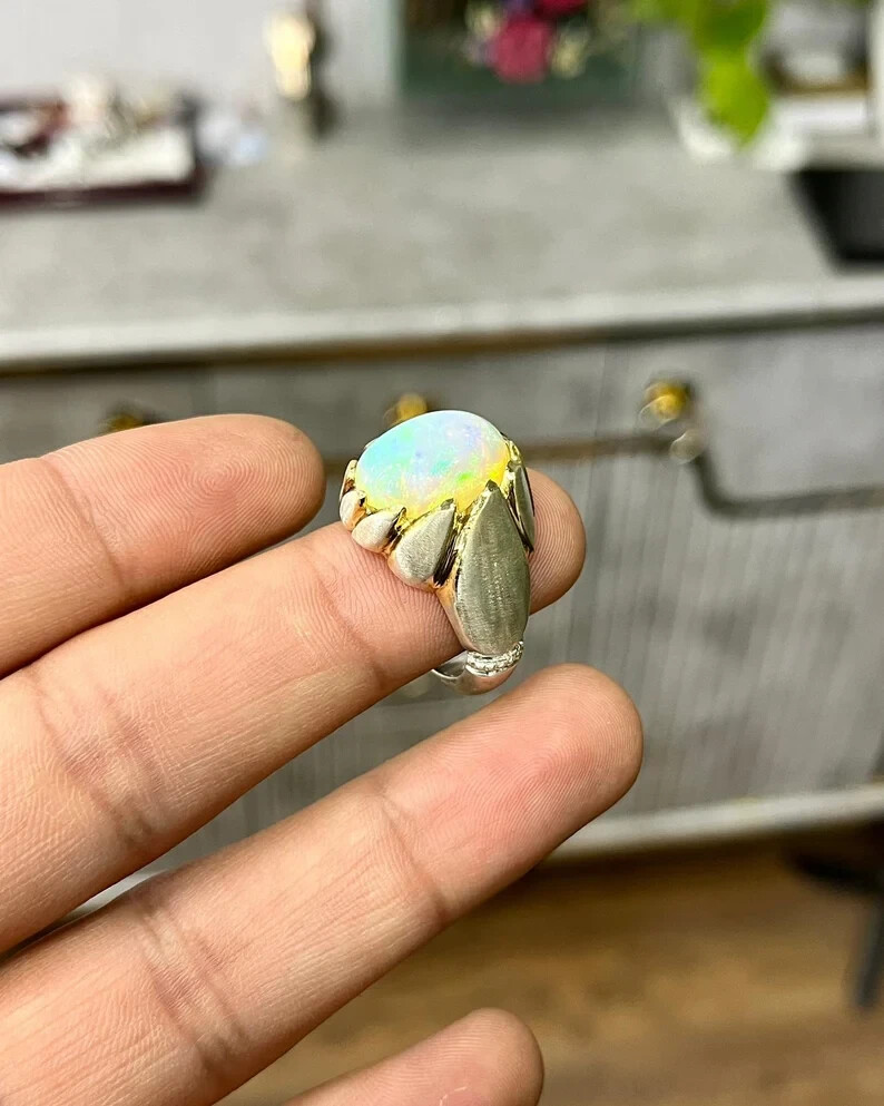Ethiopian Opal Ring Silver Opal Ring, 4k Gold Opal Engagement Ring,