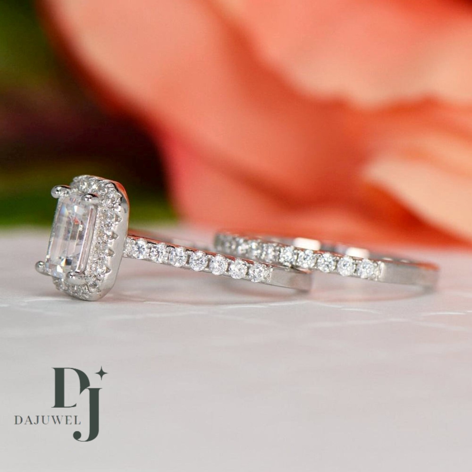 2.50 CT Emerald Cut Moissanite Bridal Set Engagement Ring Solid 14K White Gold