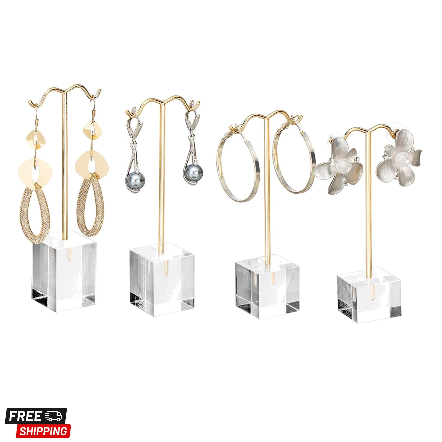 Stylish Jewelry Display: 4 Gold Acrylic Earring Stands for Countertops