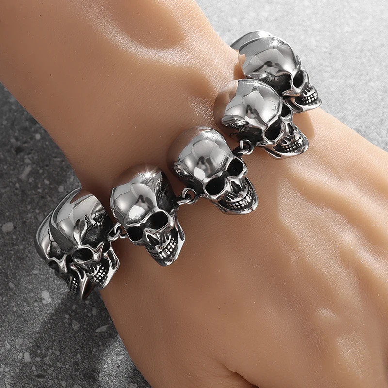 Gothic Hell Demon Ghost Head Full Skull Bracelet Men Punk Rock Halloween Jewelry