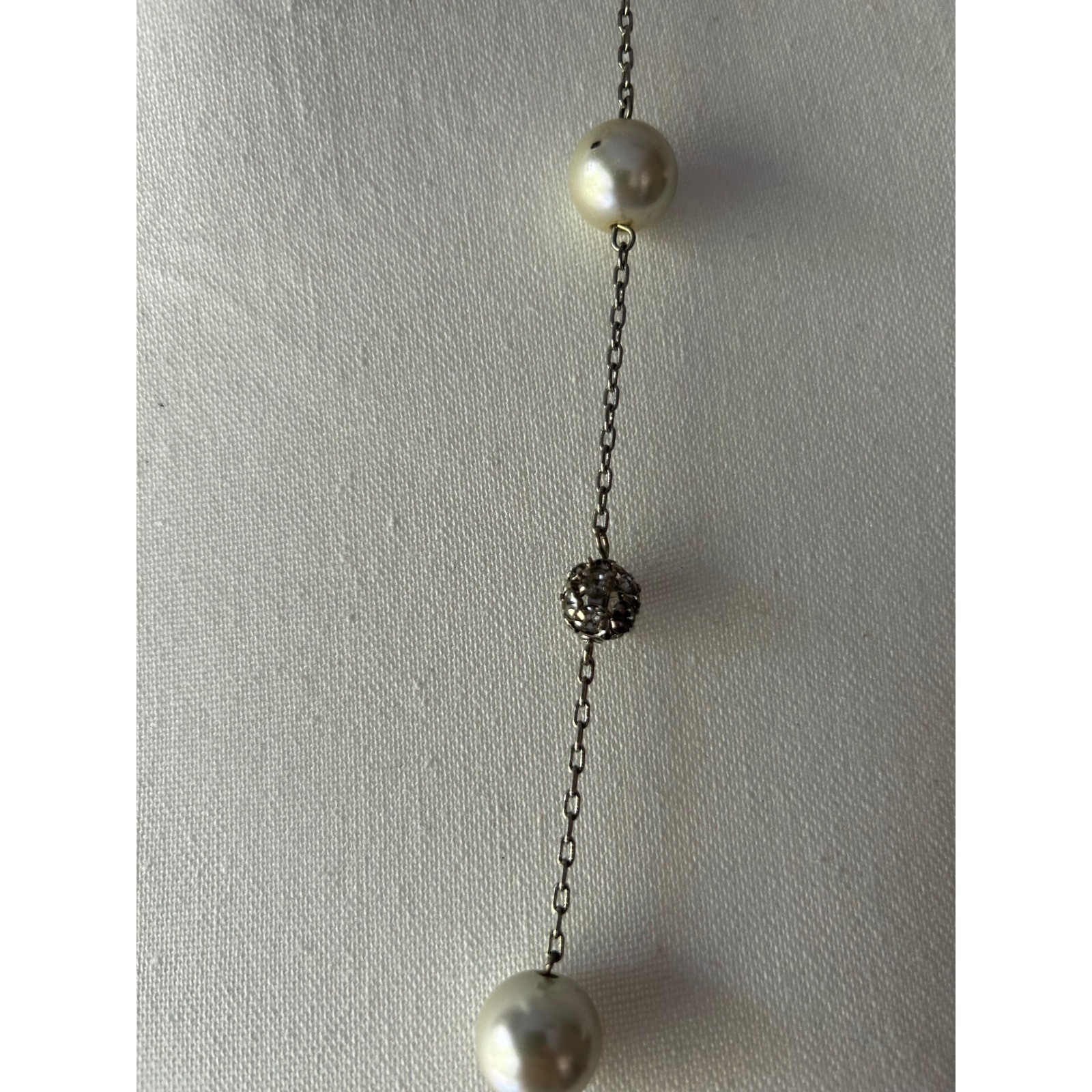 Faux Pearl Rhinestone Pave Ball Station Necklace Silver Tone Long Adjustable
