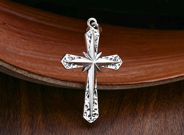 S925 Silver STARBURST CROSS Pendant Textured Hammered Mens Large HEAVY 16g