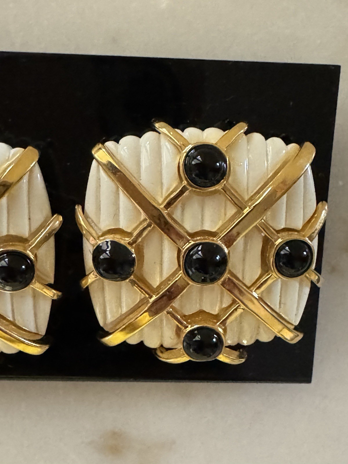 Vintage Square White Black Gold Tone Earrings Fluted Runway Statement 1980s