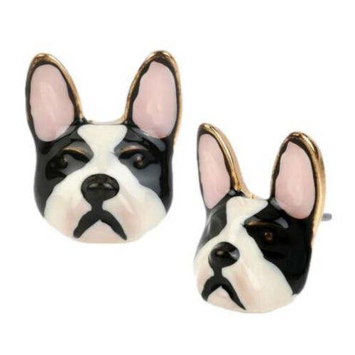 Betsey Johnson Sugar Critters Bulldog Stud Earrings Black White Gold Retail $25