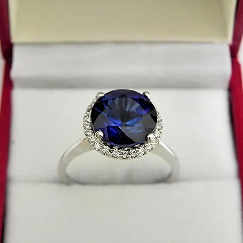 4.30 Ct Round Cut Natural Sapphire Diamond Engagement Ring 14K White Gold Size 8