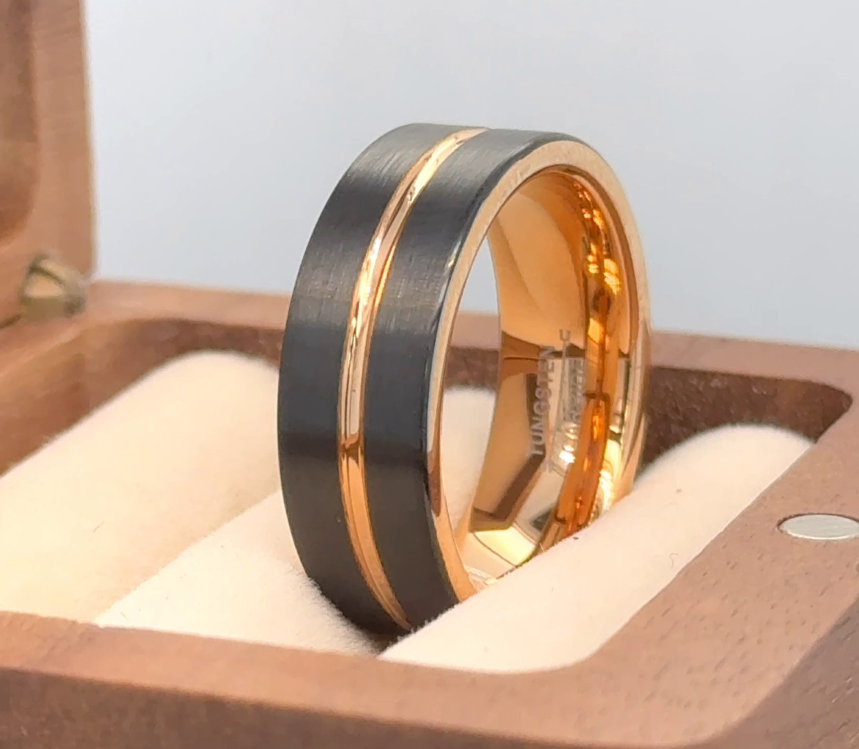 Modern Rose Gold And Black Tungsten Ring – Unique Grooved Pattern Couple Band