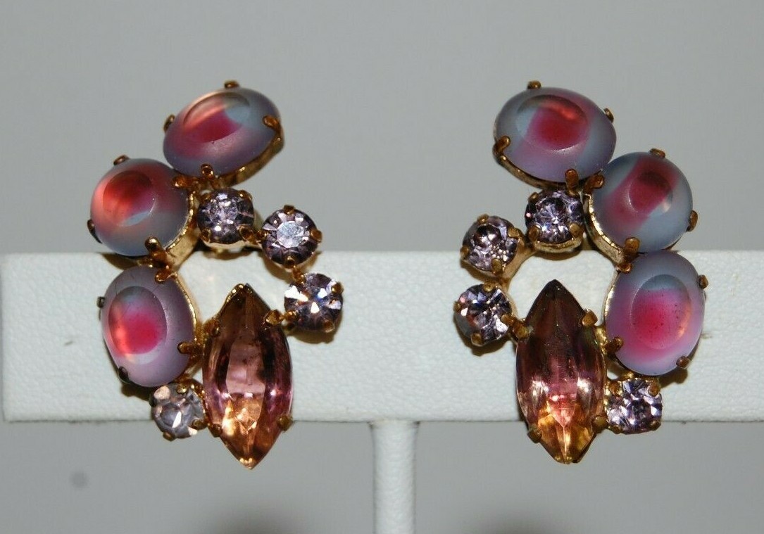 ELEGANT VTG JULIANA COUTURE PINK FROSTED CRYSTALS OPEN BACK GOLDEN CLIP EARRINGS