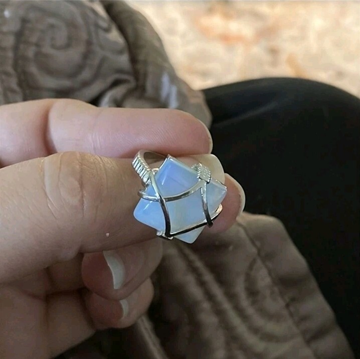 Silver Plated Zinc White Moonstone Opal Ring Criss Cross Pattern Size 7