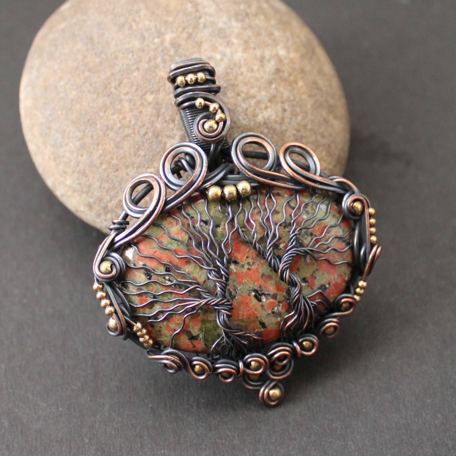 Unakite Gemstone Jewelry Copper Wire Wrapped Pendant Two Tree Of Life Pendant