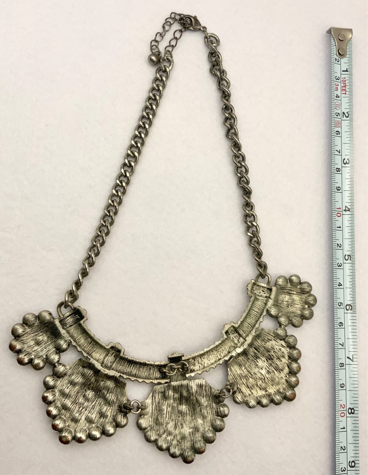 Steampunk Textured Metal Necklace Bib Silver Tone White Stone Textured