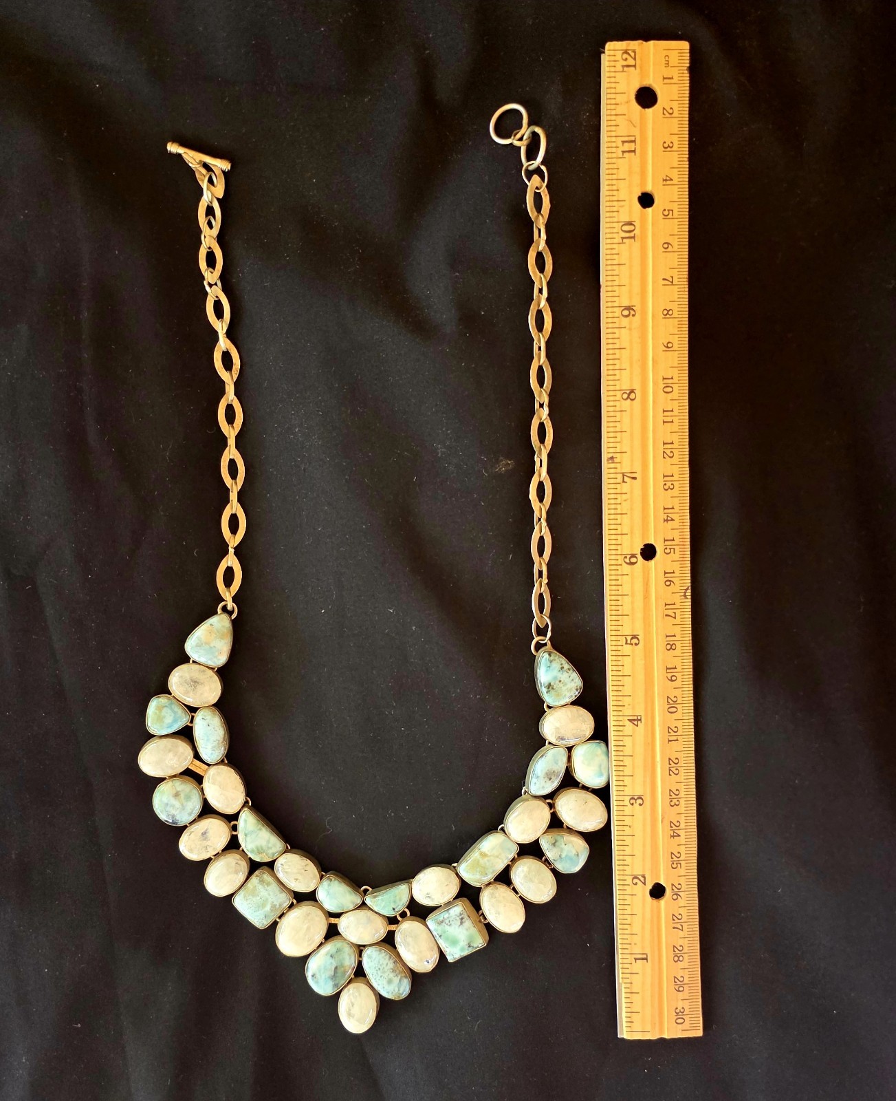 Moonstone, Larimar, & Silver Oval Bib Statement Necklace, Toggle, 18″