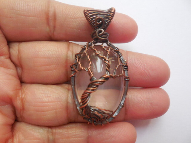 Rose Quartz Wire Wrap Gemstone Pendant Necklace Handcrafted Jewelry Tree Of Life