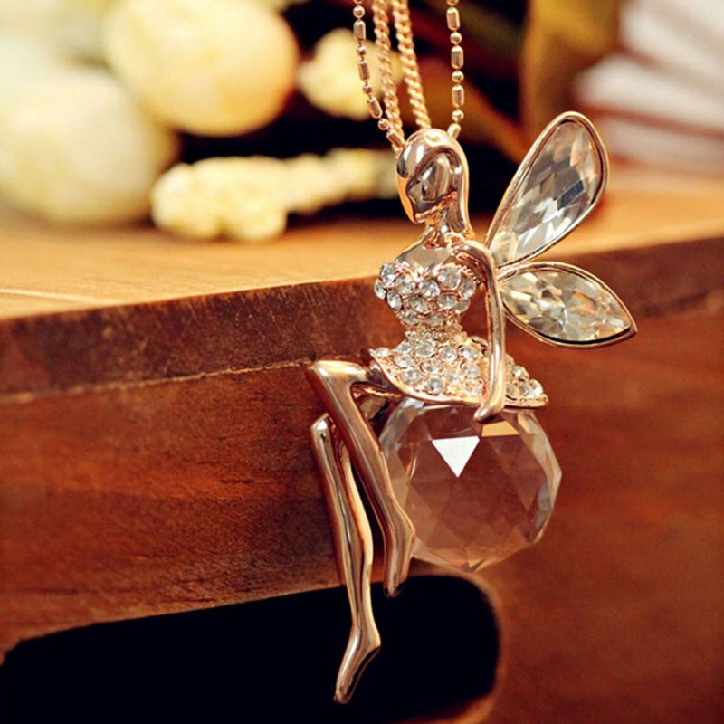 Fashion Women Crystal Fairy Angel Wing Pendant Long Chain Sweater Necklace Gift