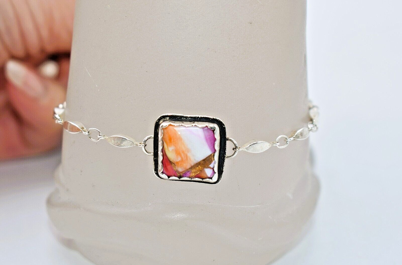 Orange Dahlia Sterling Silver Ankle Bracelet 9-3/4 inch by Ryan Schoolfield