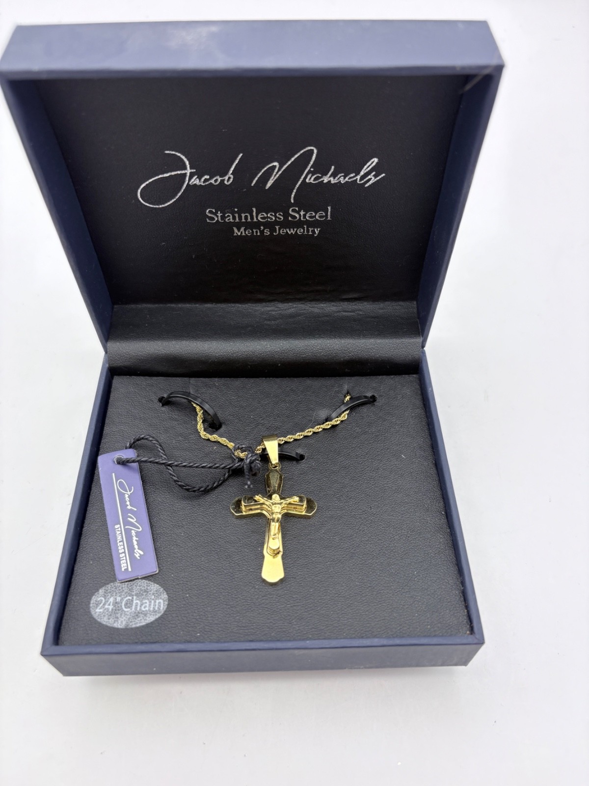 Jacob Michaels Gold Tone Men’s Stainless Steel Crucifix Cross Necklace 24″ Chain