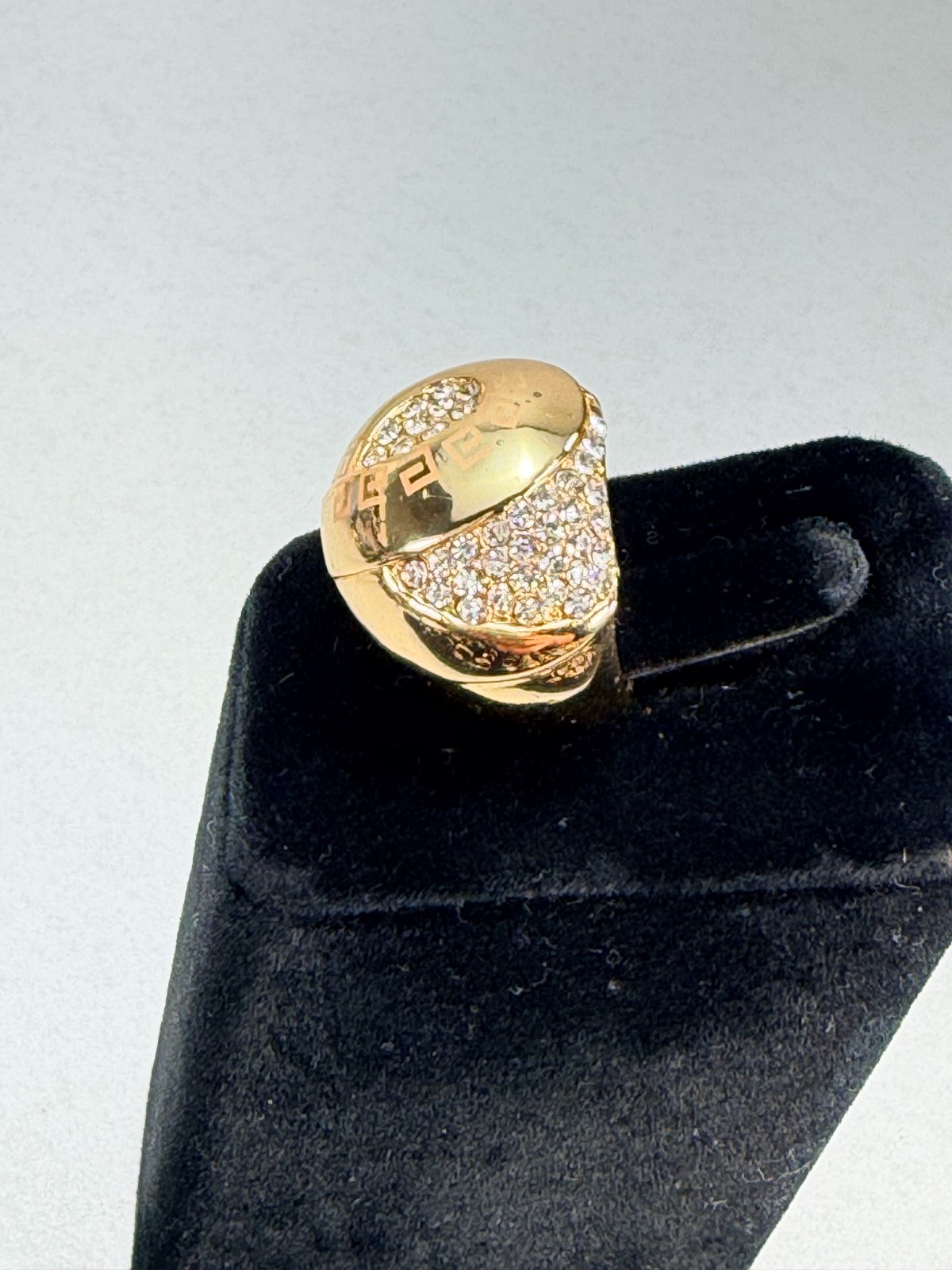 Vintage Gold Tone Greek Key Rhinestone Dome Statement Cocktail Ring