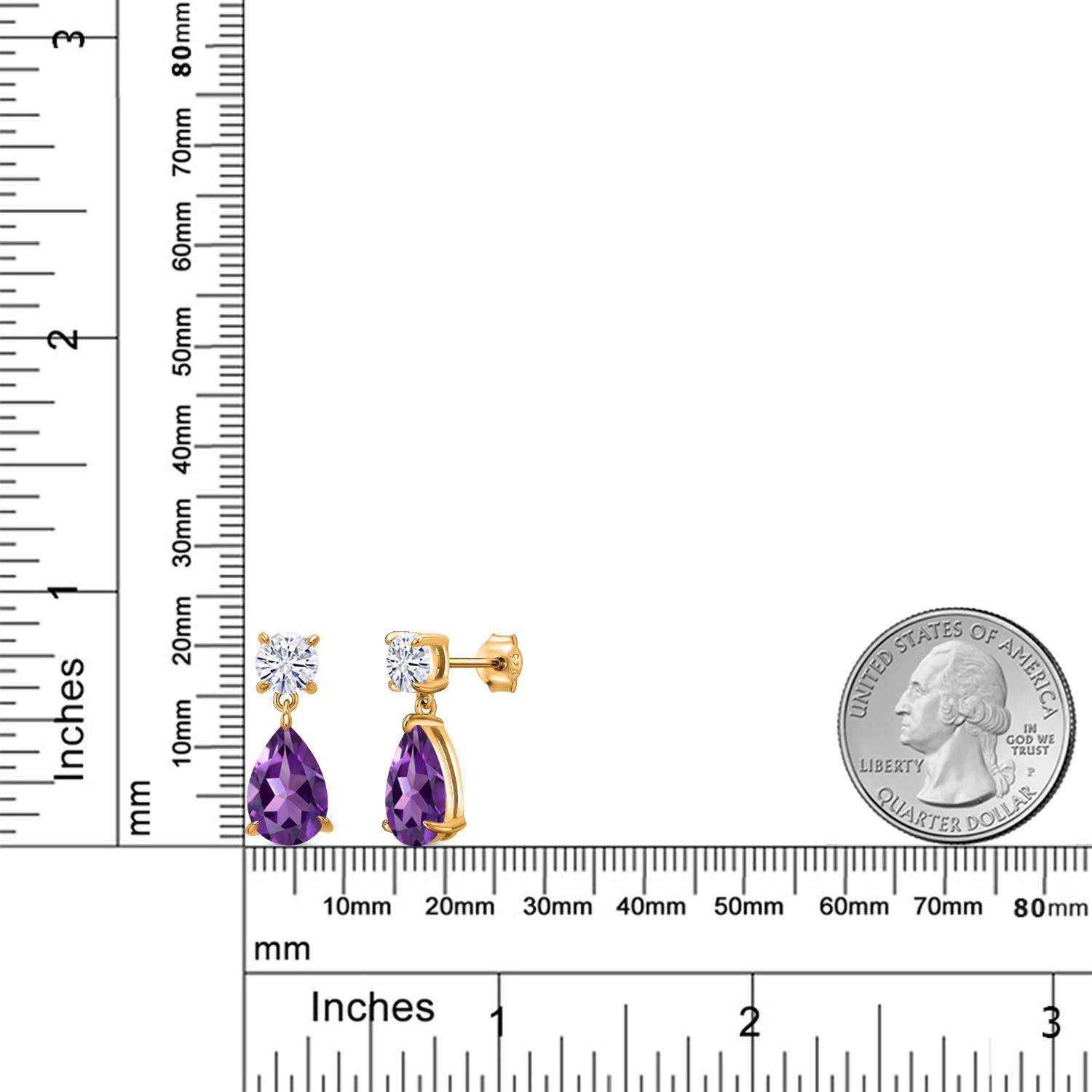 18K Yellow Gold Plated Silver Amethyst and White Moissanite Teardrop Dangle