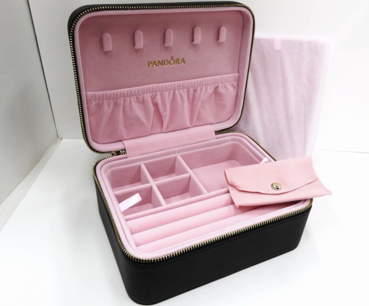 PANDORA Jewelry Box Organizer Storage Black Pink Design with Mirror JAPAN NEW