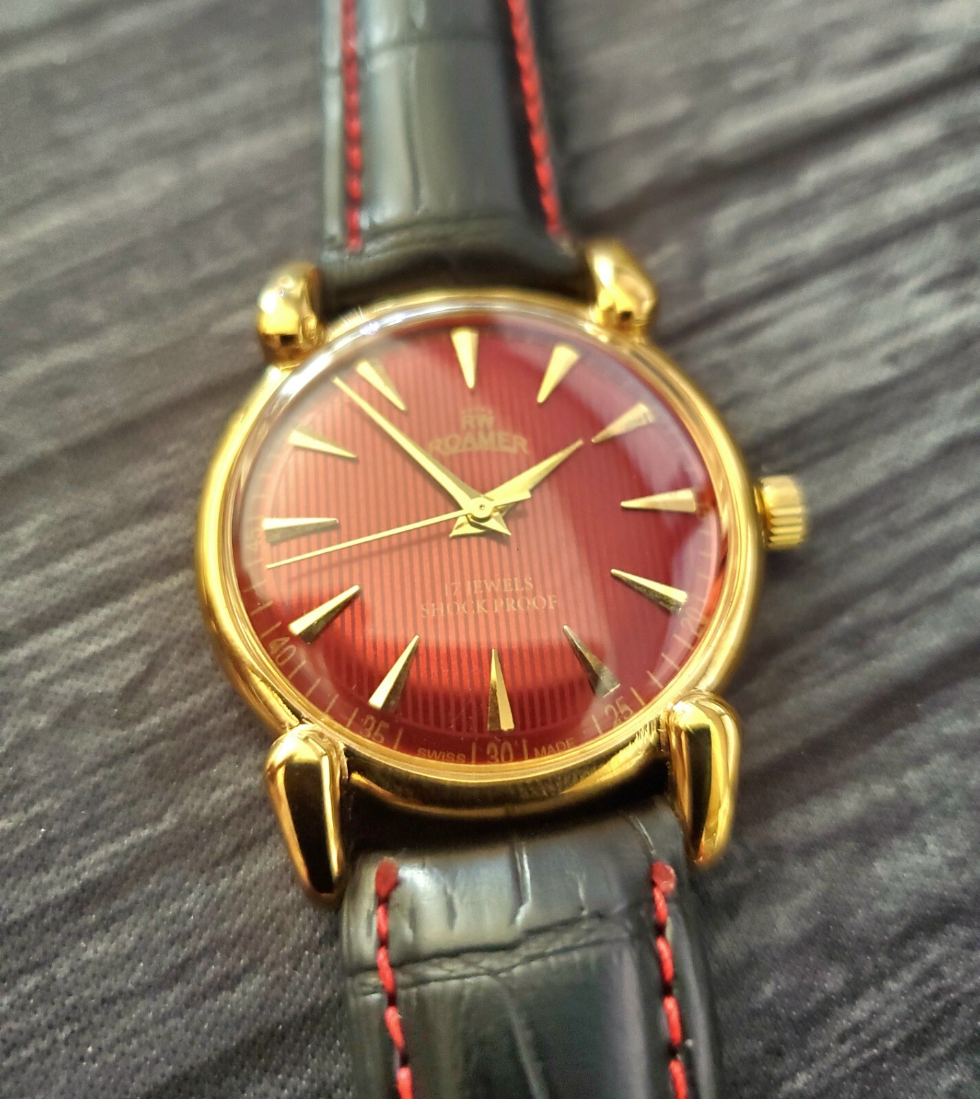RARE Roamer Brevete Swiss Mens Manual Watch Red Teaked Dial